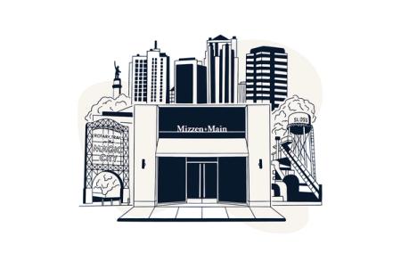 Illustration of the Mizzen+Main storefront with Birmingham landmarks and skyline