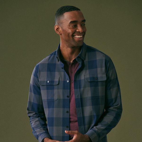 A model, wearing Mizzen+Main clothing.