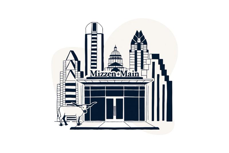 Illustration of the Mizzen+Main Domain Northside storefront with the Austin skyline and a longhorn