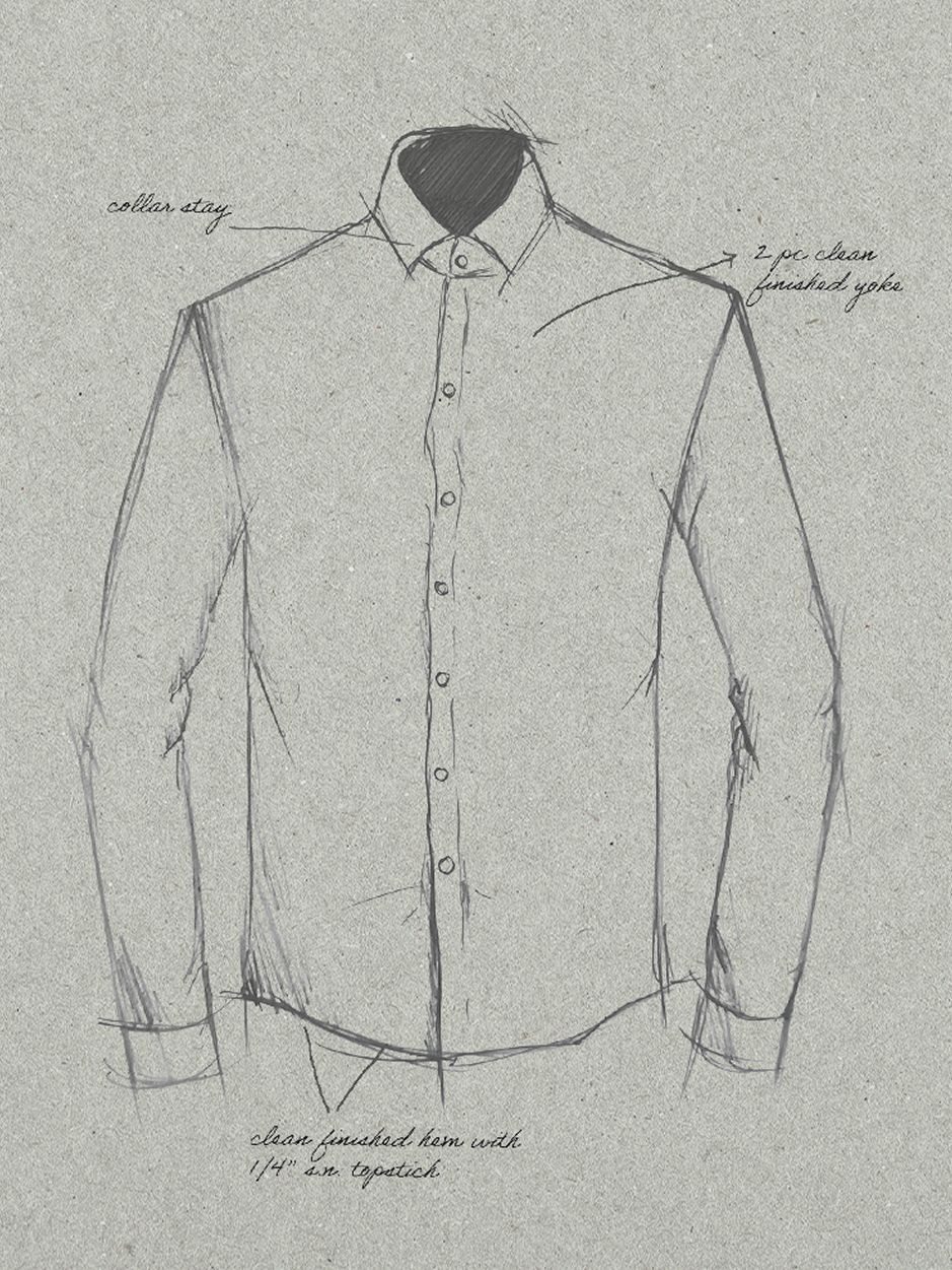 A hand-drawn technical sketch of a long-sleeve button-down shirt with handwritten construction callouts on textured paper.