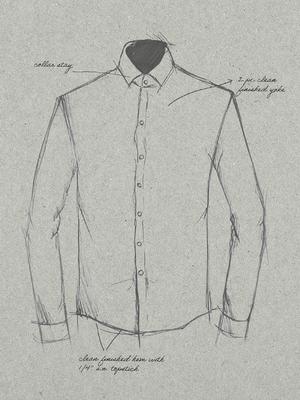 A hand-drawn technical sketch of a long-sleeve button-down shirt with handwritten construction callouts on textured paper.