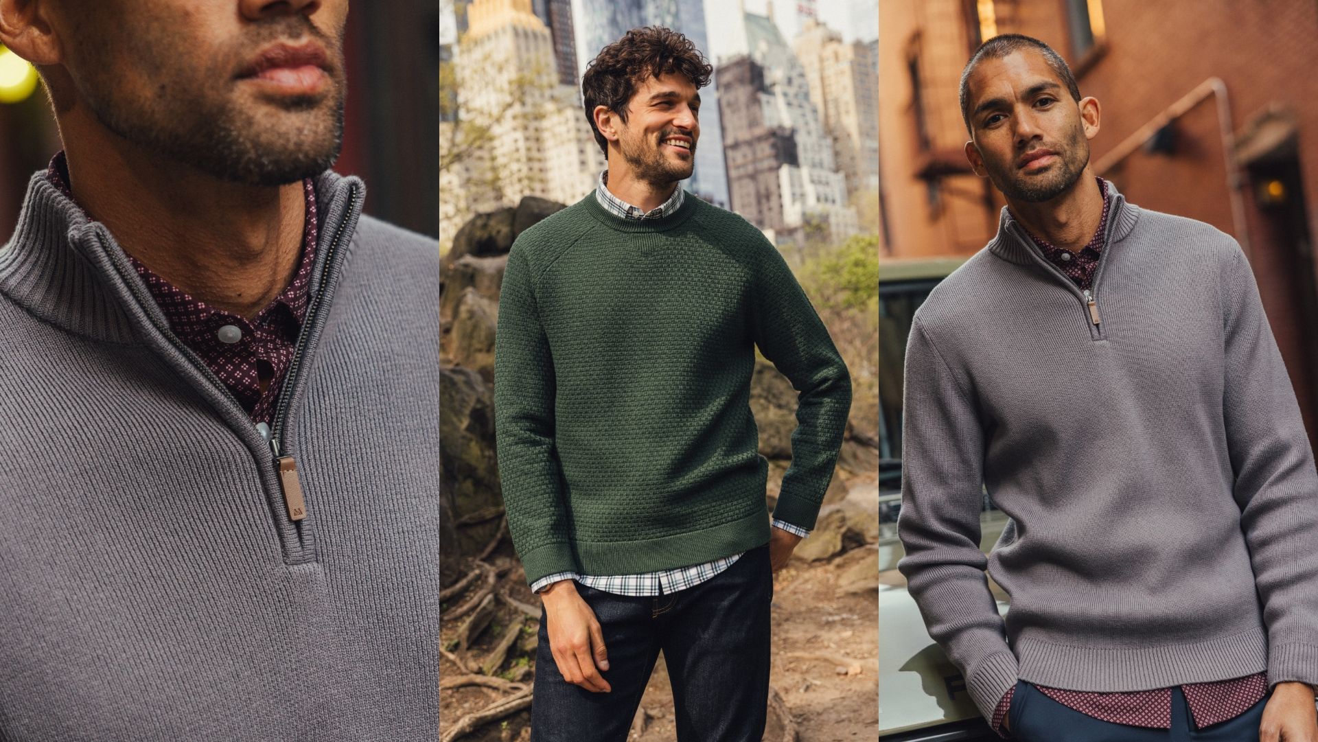 Three men wearing Hillcrest sweaters in gray quarter zip and green crewneck styles