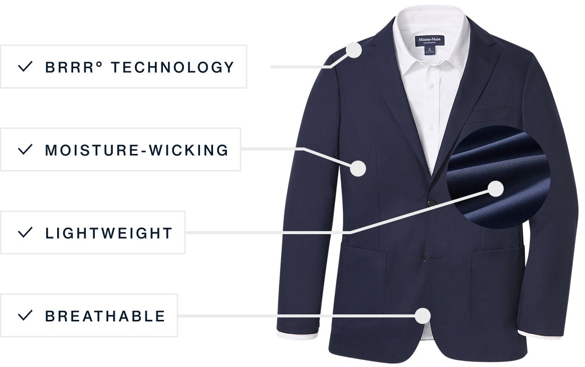 A flat lay of our Lavelle Blazer highlighting its Lightweight, brrr° Technology, Moisture Wicking and Breathable features.