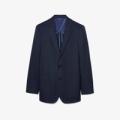 Navy blue blazer with two buttons, notch lapel, and flap pockets.