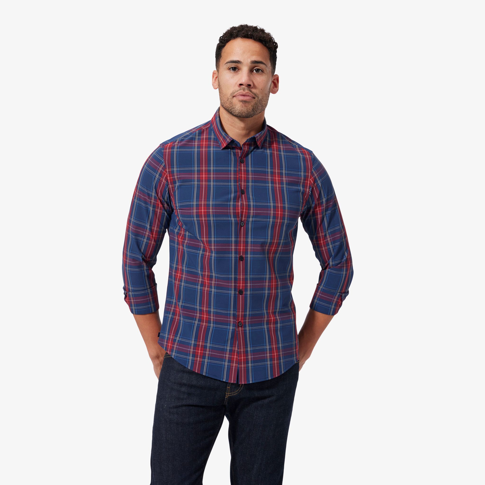 MIZZEN+MAIN Leeward Check No-Tuck 2024 Stretch Performance red blue check plaid Butto