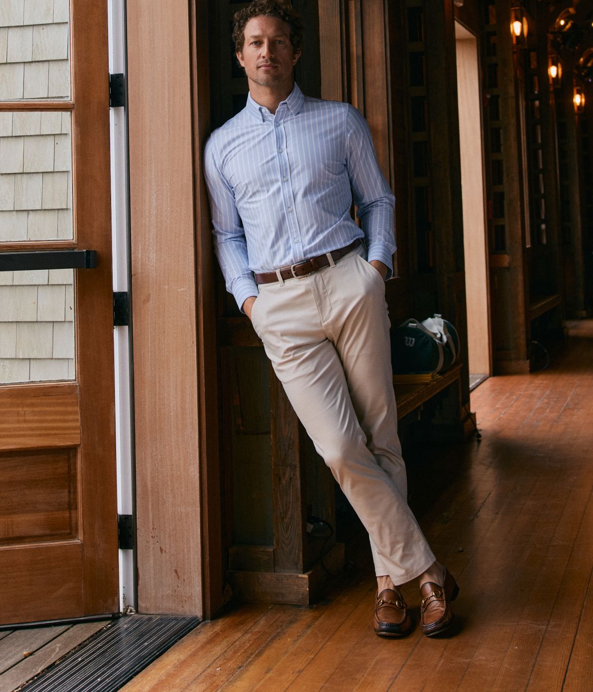 Man outside wearing the Prescott Chino Pant.