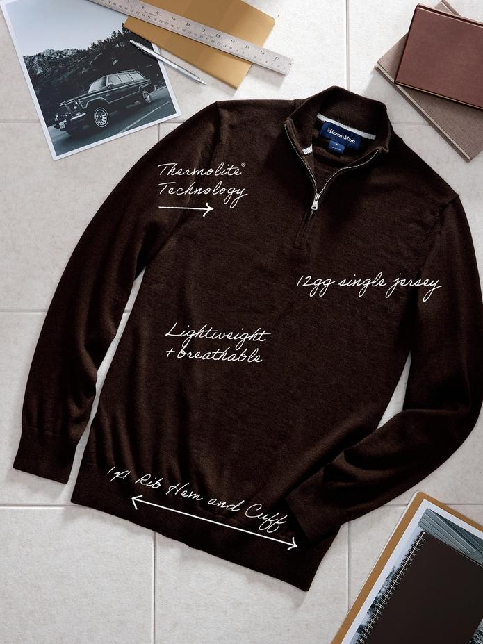 A flat-lay product image of a dark brown quarter-zip sweater with handwritten callout annotations detailing features like Thermolite Technology and Rib Hem and Cuff.