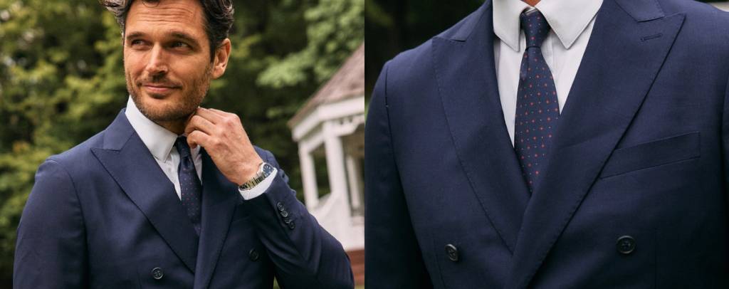 A side-by-side banner showing a man adjusting his tie outdoors on the left, and a close-up of a double-breasted navy suit jacket and patterned tie on the right.