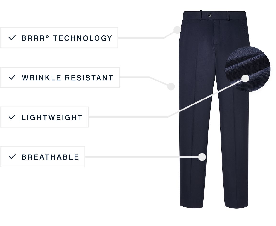 A flat lay of our Lavelle Pant highlighting its Lightweight, brrr° Technology, Moisture Wicking and Breathable features.