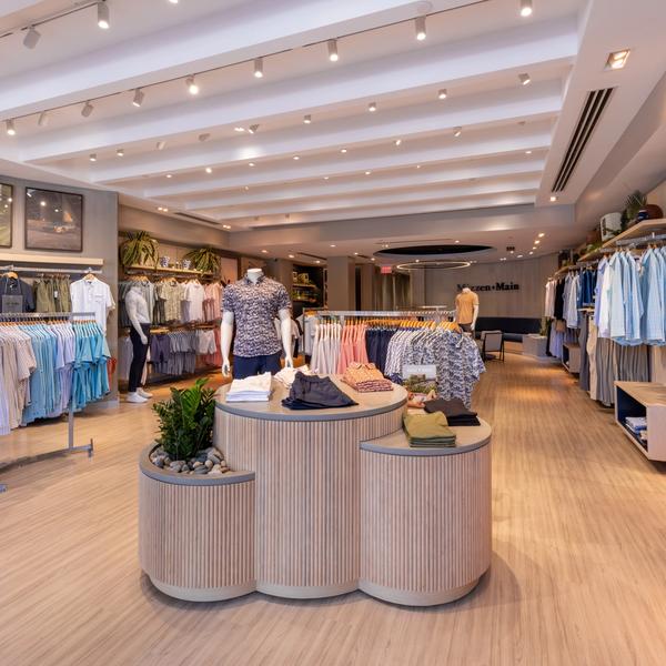 Interior of the Mizzen+Main Southlake Town Square store with shirt displays and mannequins