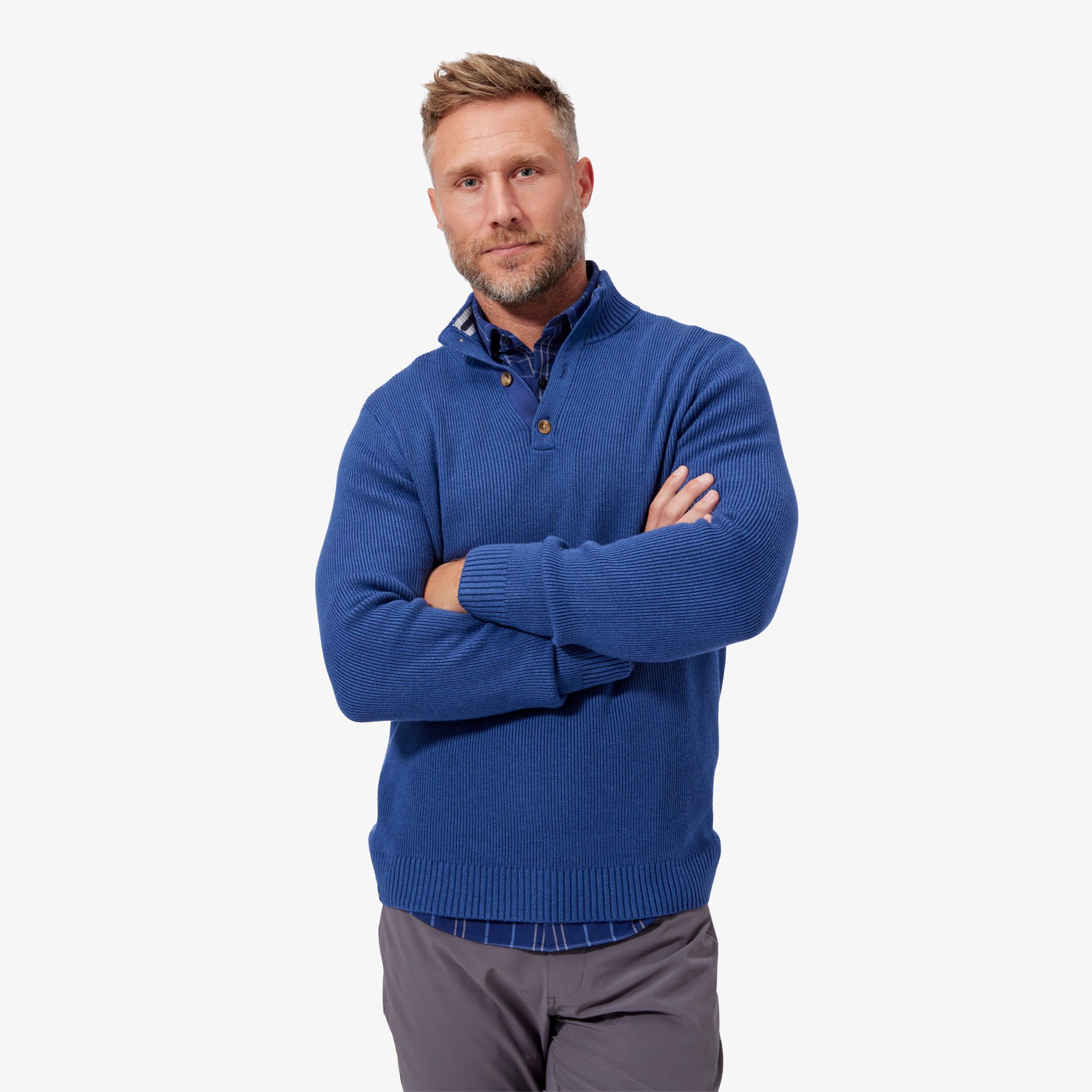 Cassady Mock Neck Henley - Deep Cobalt Heather - Mizzen+Main