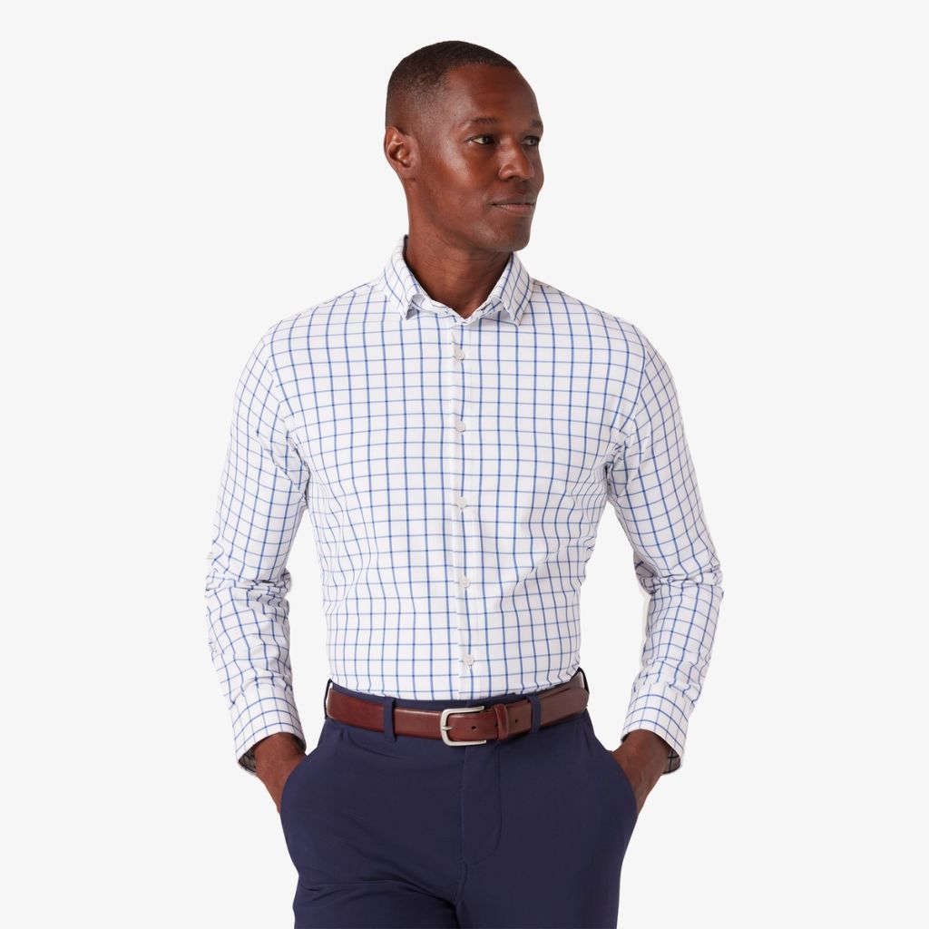 White Navy Windowpane Leeward Dress Shirt - Mizzen+Main
