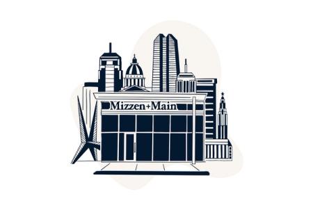 Illustration of the Mizzen+Main Classen Curve storefront against the Oklahoma City skyline