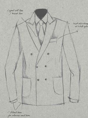 Pencil design sketch of a double-breasted suit jacket on textured paper with handwritten specifications for lapel lines, welt openings, and blind hems.