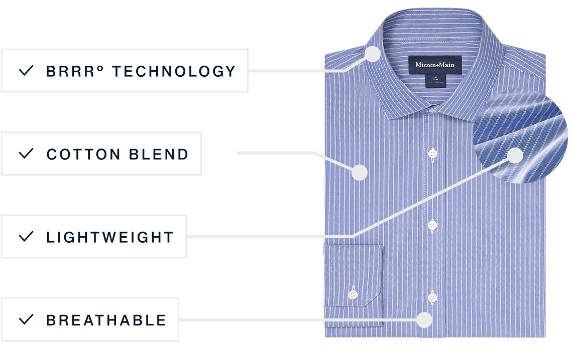 A flat lay of our Hilton Dress Shirt highlighting its wrinkle-resistant technology, subtle twill weave, and stretch component.