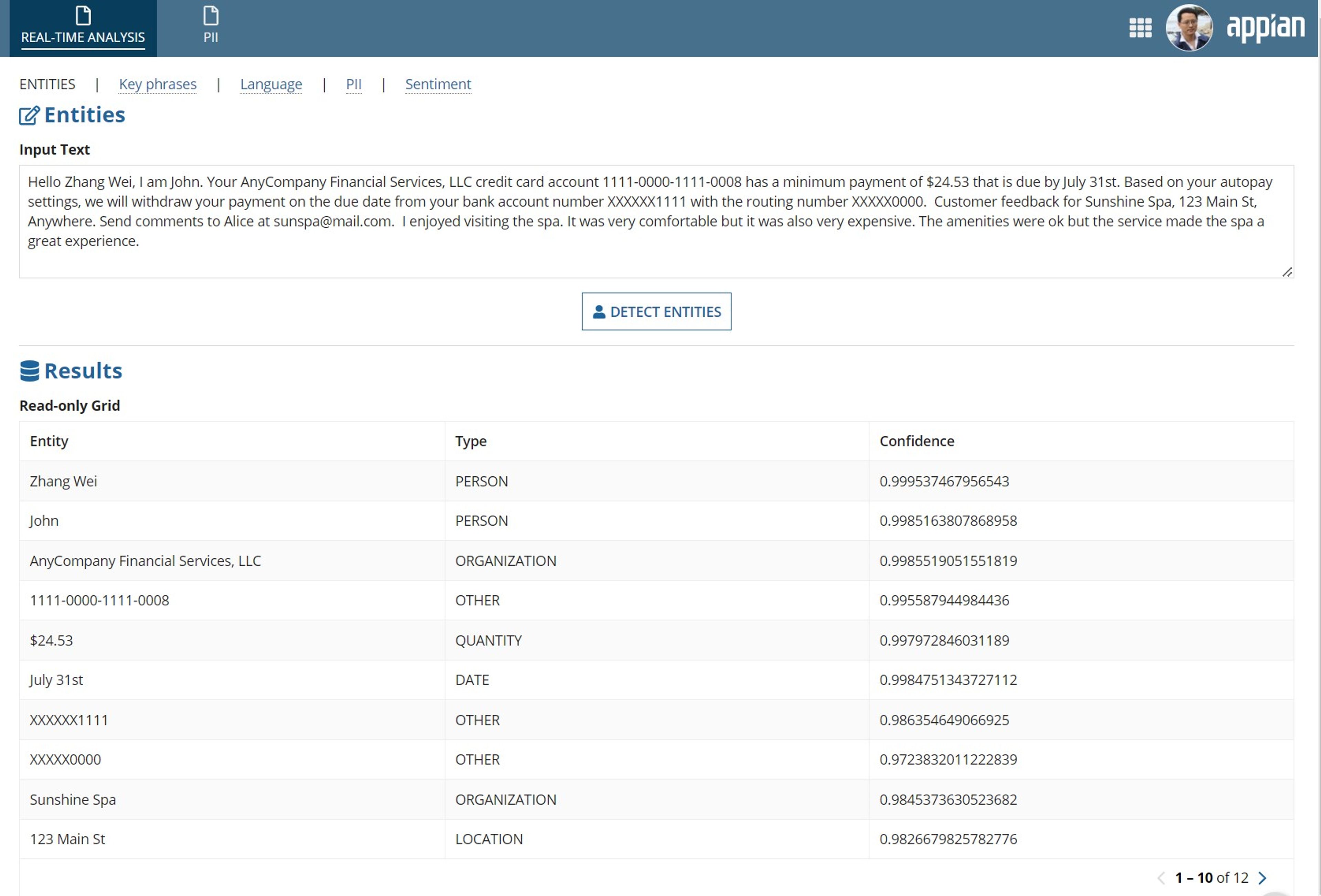 AWS Comprehend Reference App screenshot 1