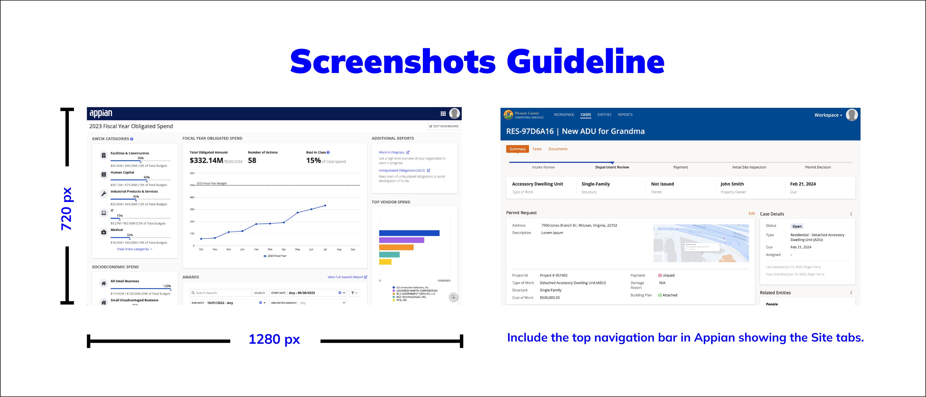 Example AppMarket listing screenshots showing realistic sample data and the Appian top navigation bar