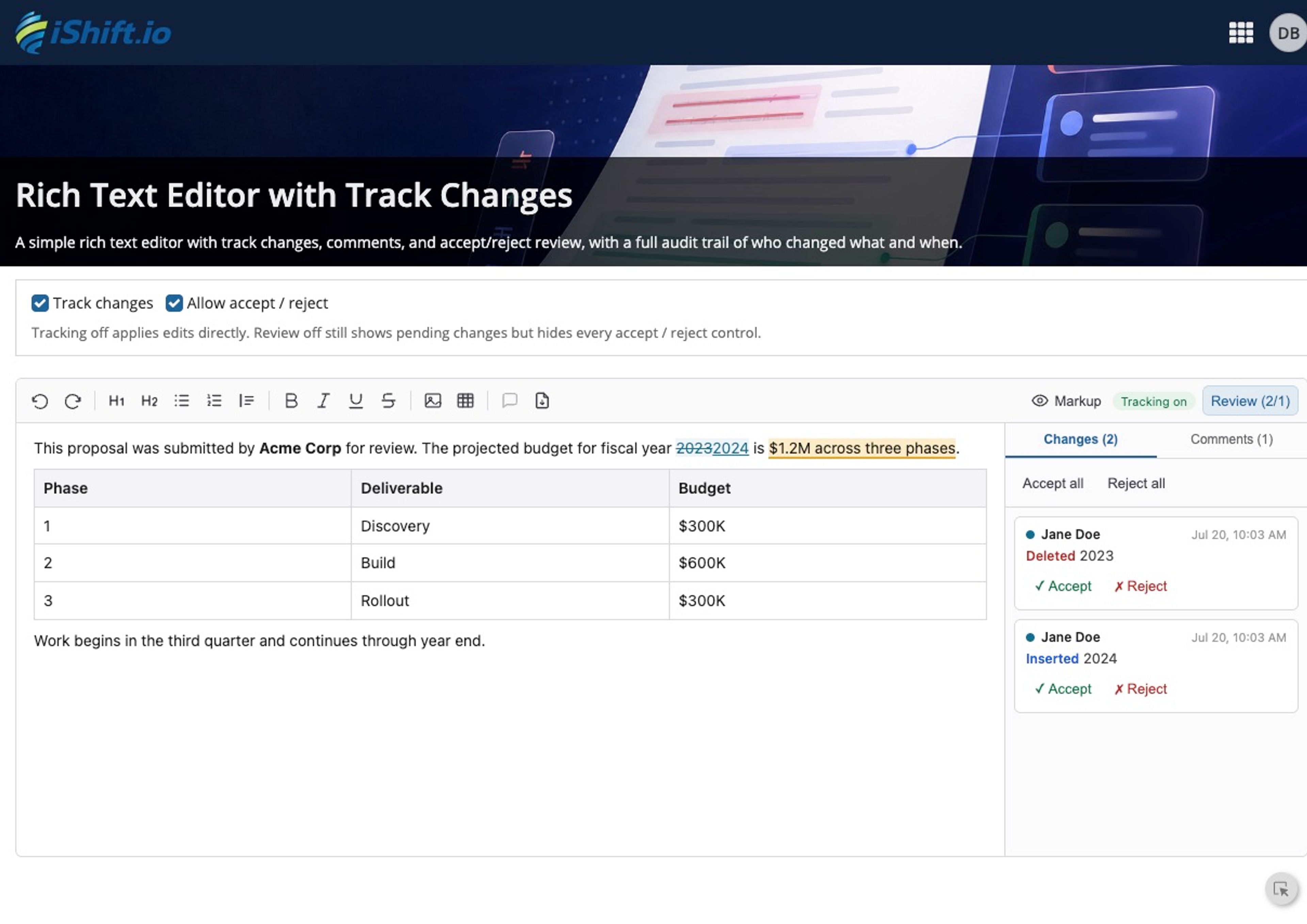 RTE with Track Changes Field screenshot 1
