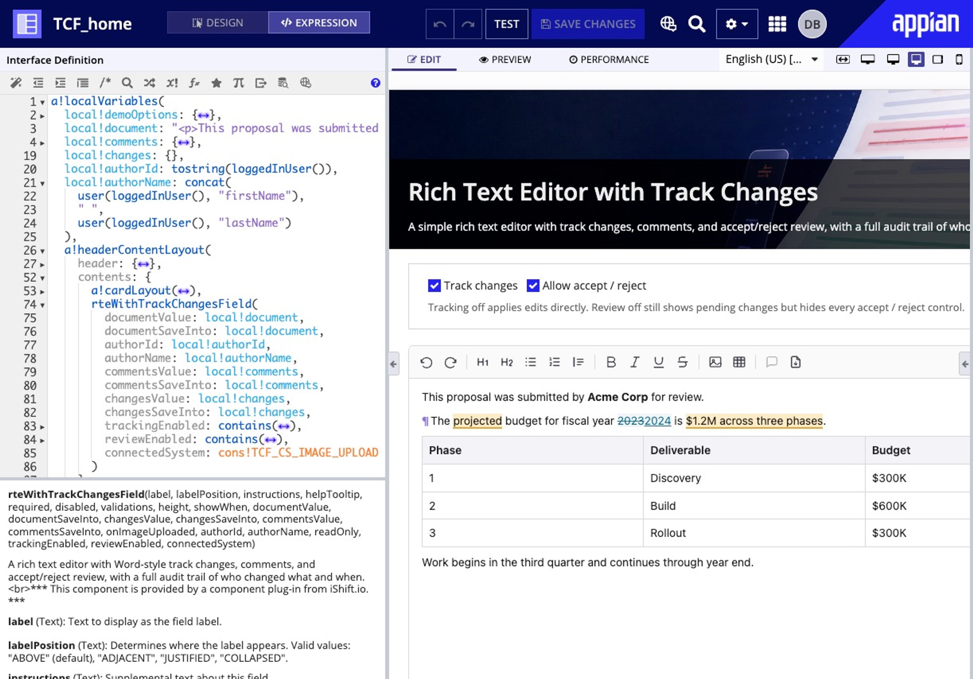 RTE with Track Changes Field screenshot 2