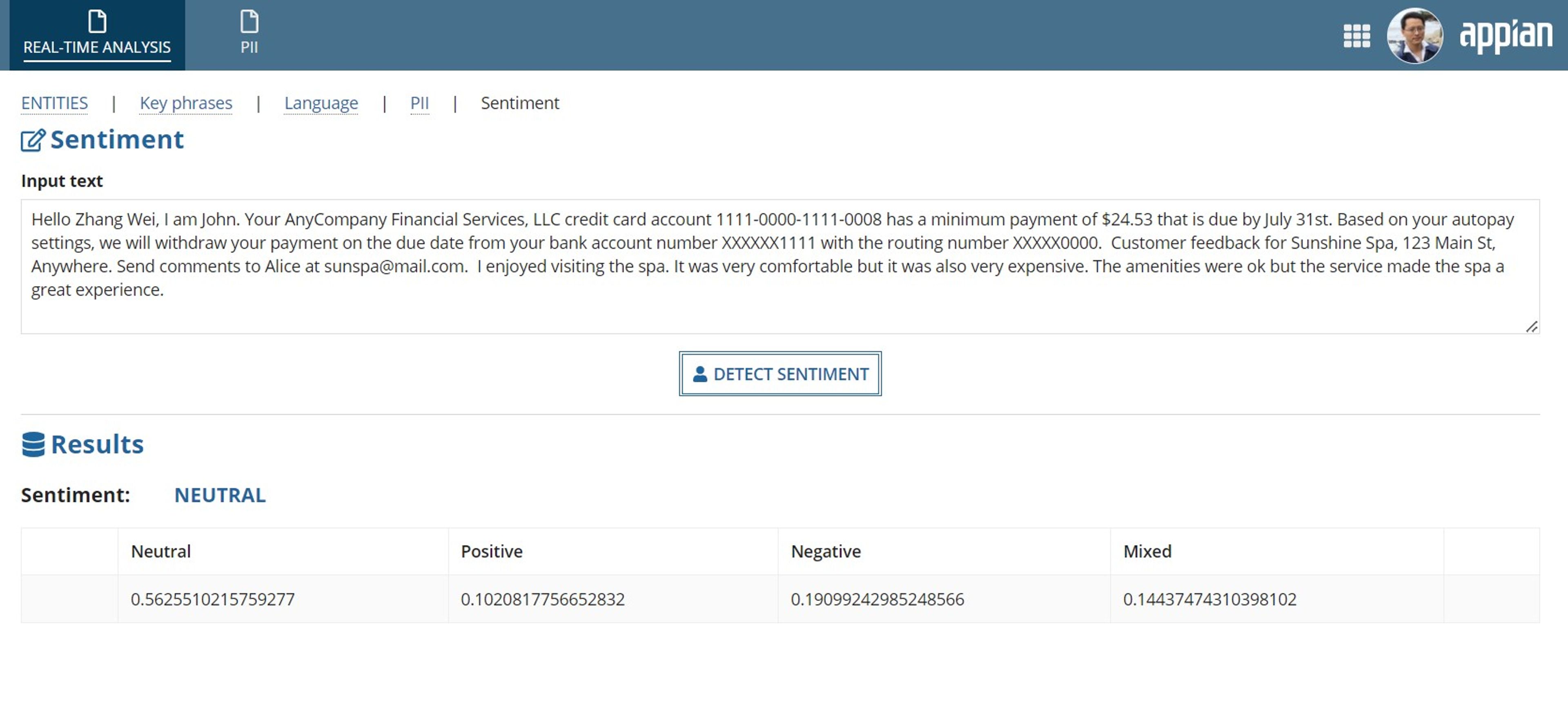 AWS Comprehend Reference App screenshot 4