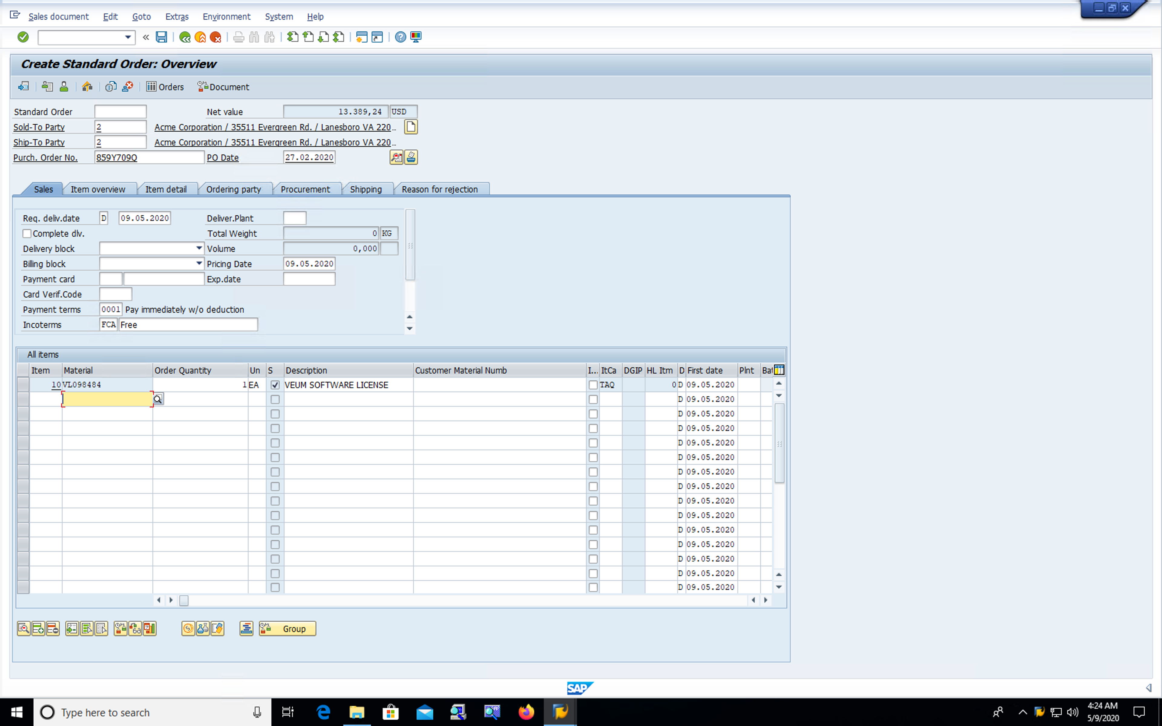 SAP - Create Sales Order - VA01 screenshot 3