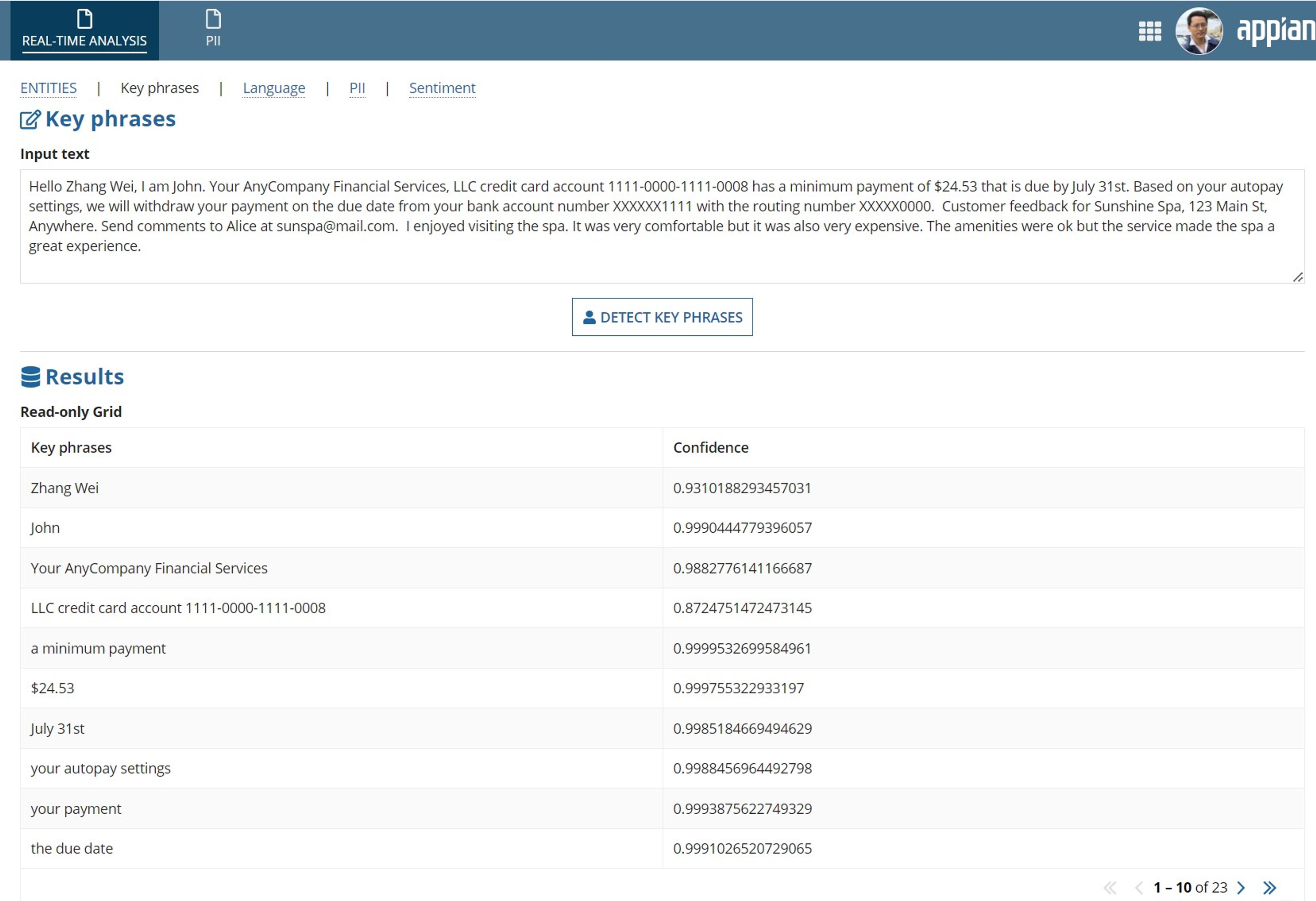 AWS Comprehend Reference App screenshot 2