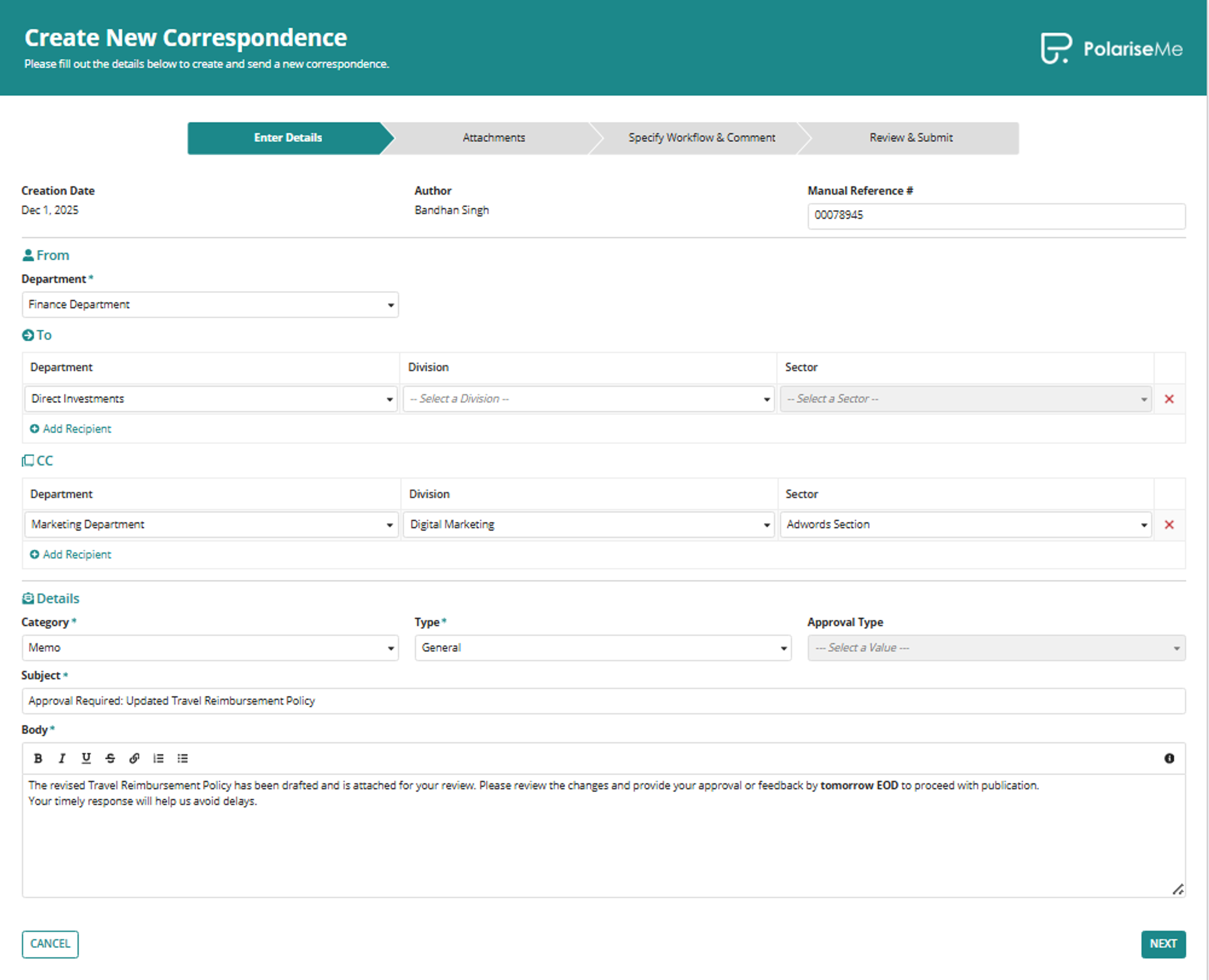 Correspondence Center screenshot 2