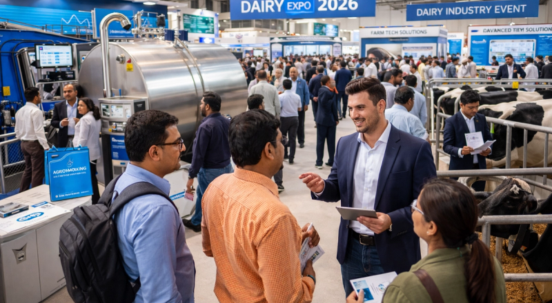dairy industry event with visitors exploring stalls and dairy machinery at exhibition