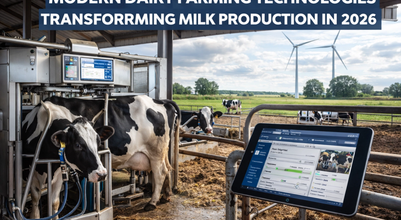 modern dairy farm technology and automated milking system used in dairy farming