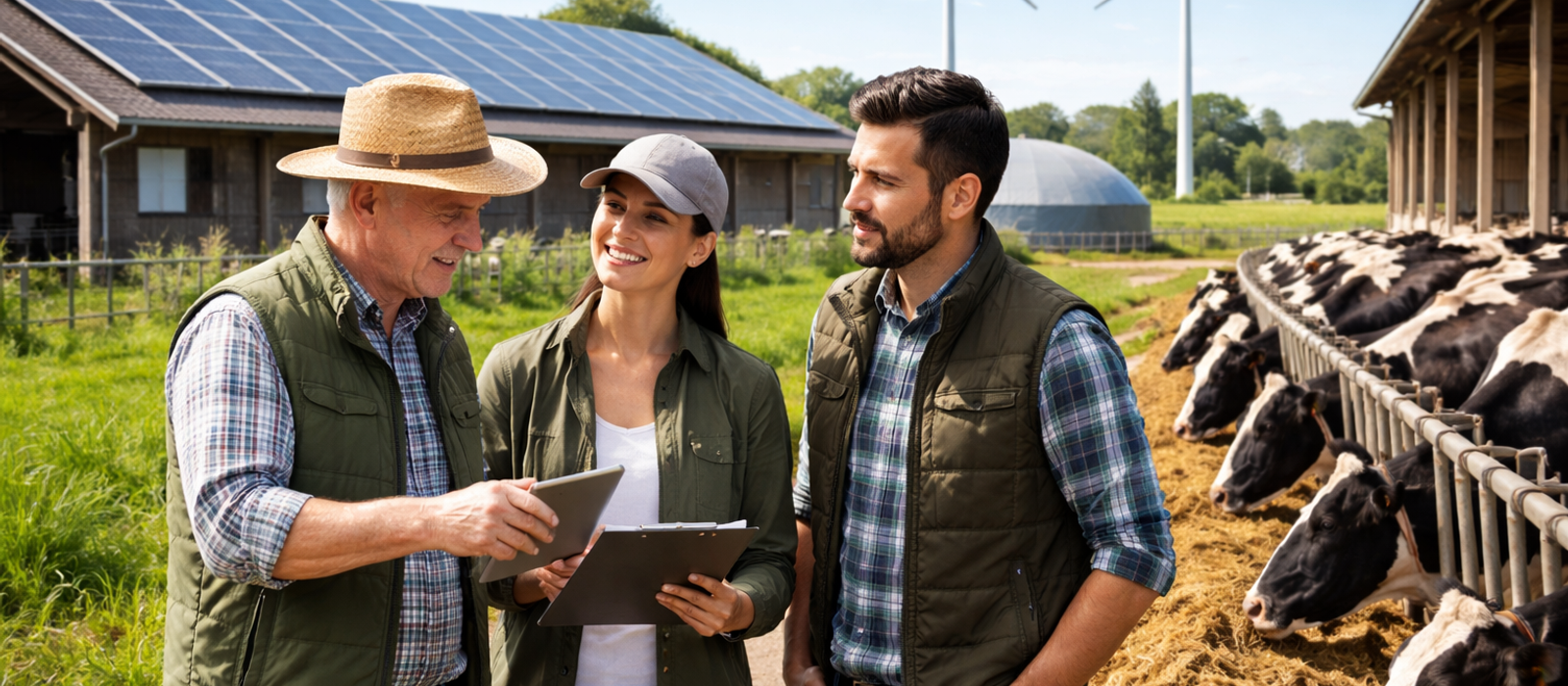 dairy farmers discussing sustainable farming practices with modern dairy farm and renewable energy setup