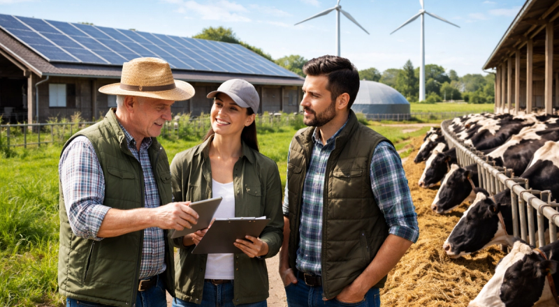dairy farmers discussing sustainable farming practices with modern dairy farm and renewable energy setup