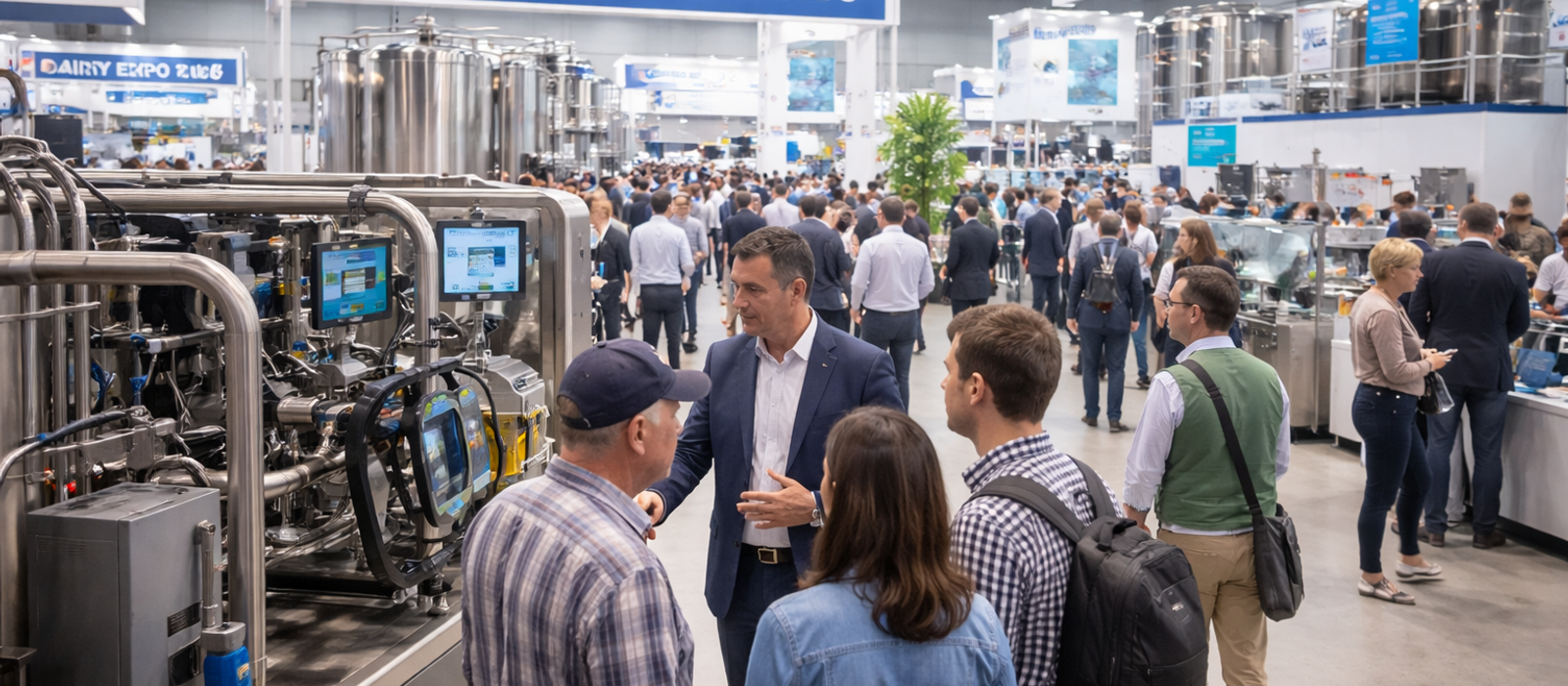 Visitors exploring dairy machinery and technology stalls at dairy industry expo 2026