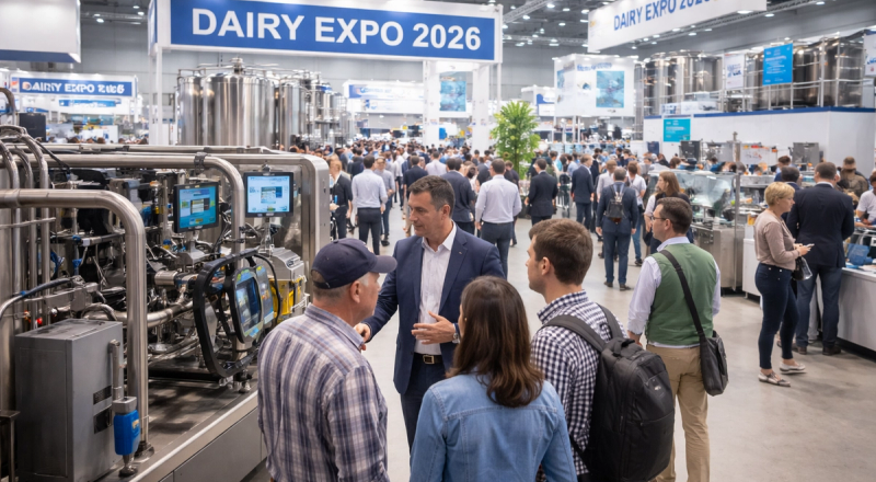 Visitors exploring dairy machinery and technology stalls at dairy industry expo 2026
