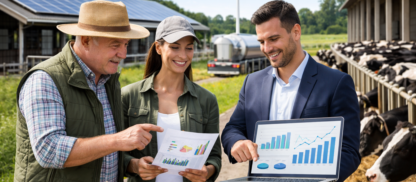 dairy professionals analyzing dairy market growth and business trends in modern dairy farm