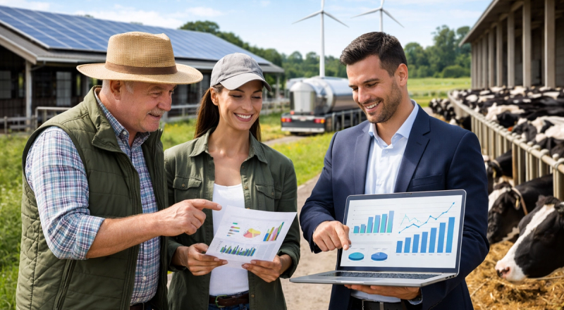 dairy professionals analyzing dairy market growth and business trends in modern dairy farm