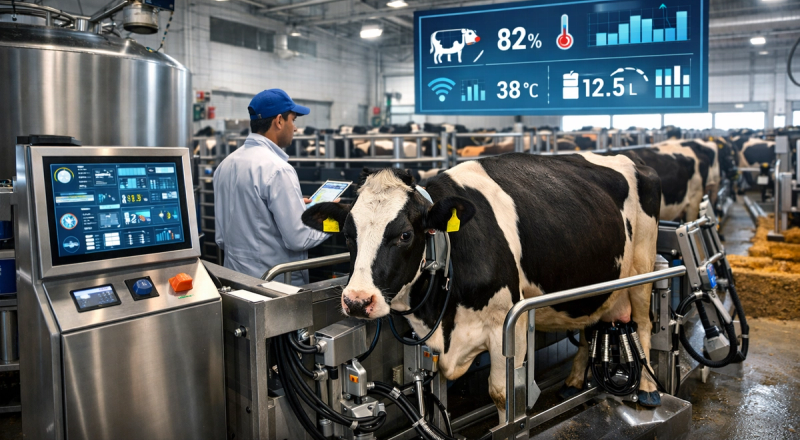 modern dairy farm in India using smart milk production technology and automated milking machines in dairy industry 2026