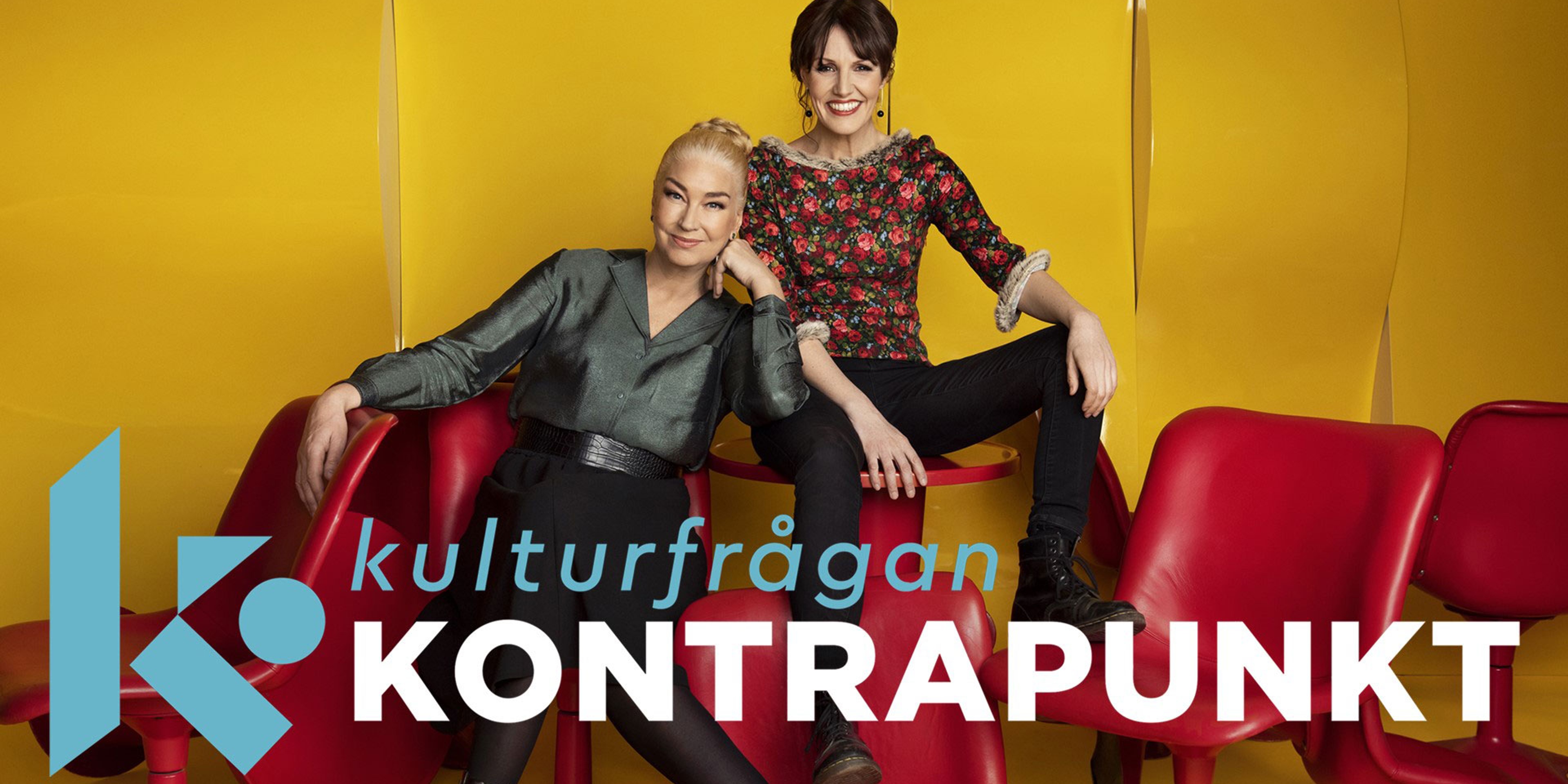 Eva Beckman och Ella Pettersson sitter i röda stolar. Text: Kulturfrågan Kontrapunkt.