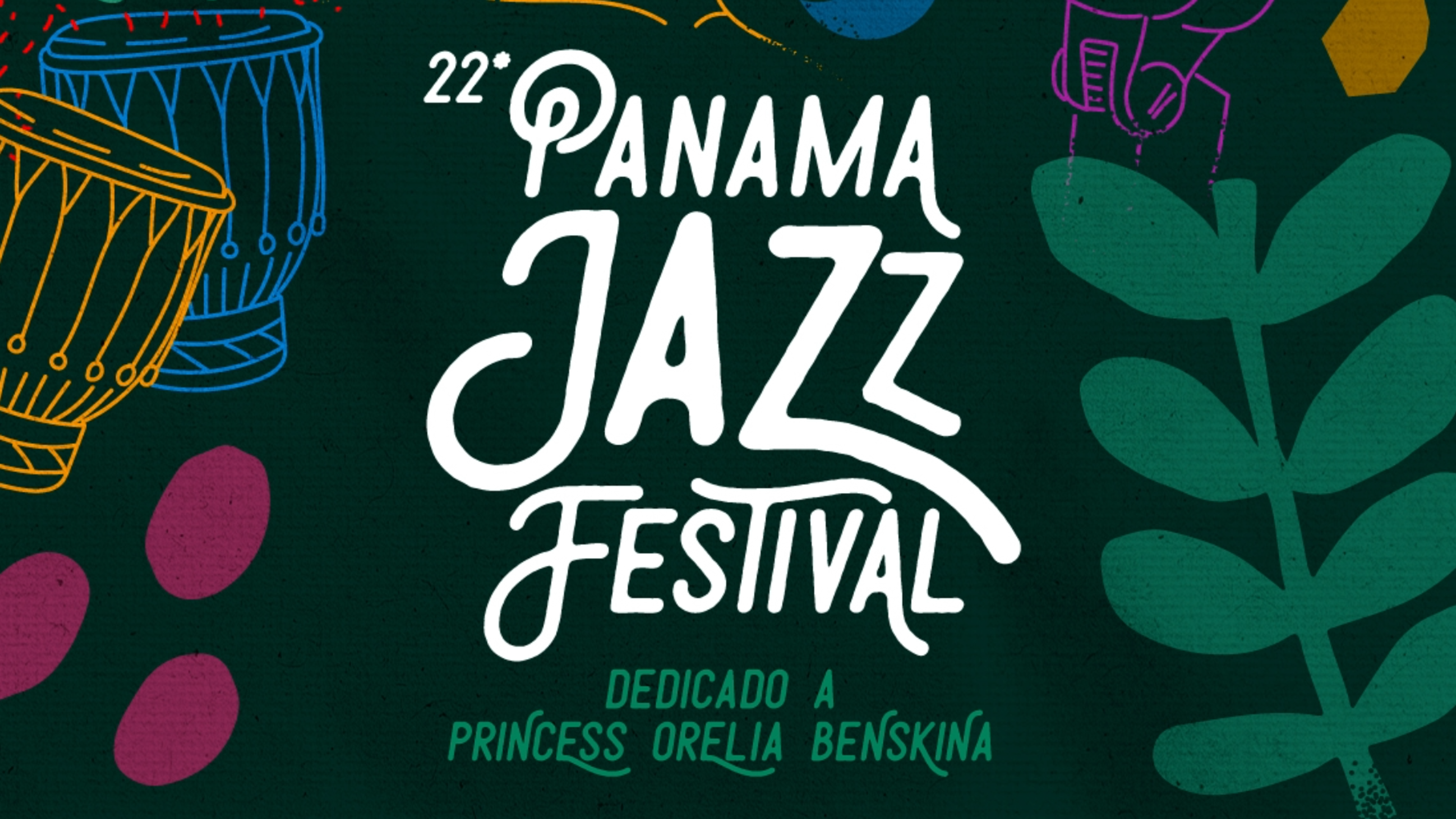 Färgglad affischbild för festivalen. Text: Panama Jazz Festival