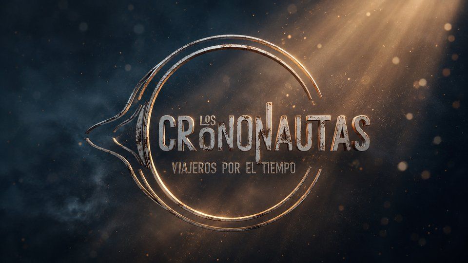 Logotipo de Los Crononautas: Viajeros por el tiempo sobre un fondo oscuro.
