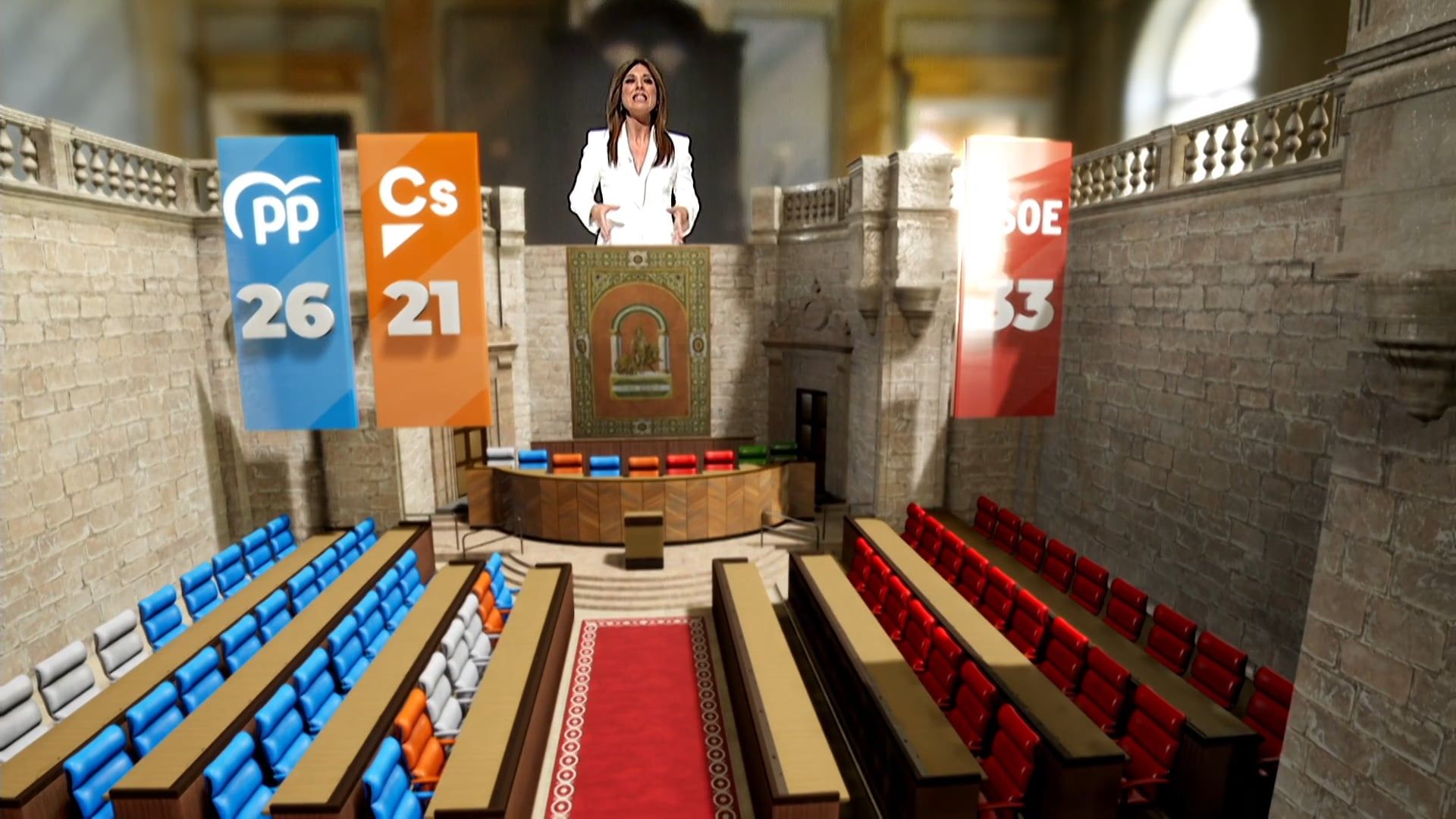 Realidad aumentada creada para el Día de Andalucía, con una presentadora integrada en un escenario virtual rodeado de libros, banderas andaluzas y elementos históricos.