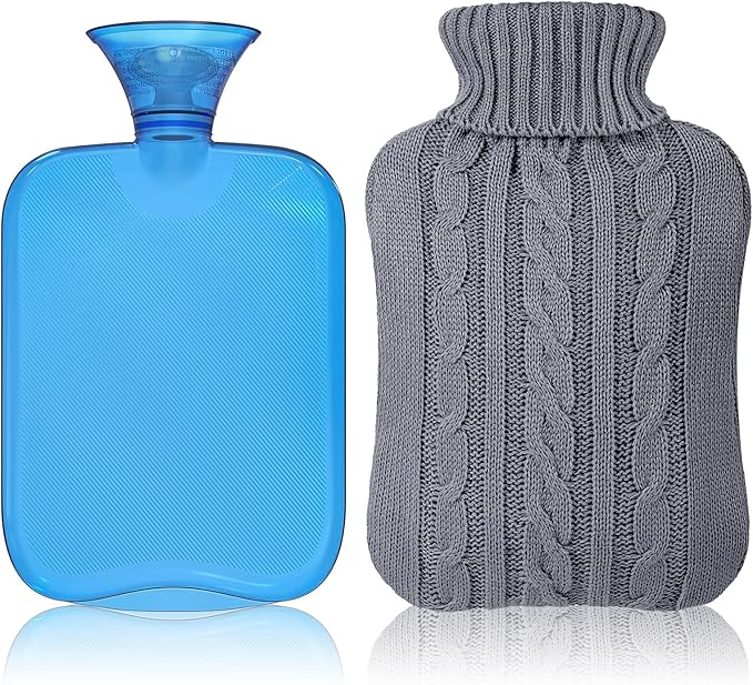 Transparent Classic Rubber Hot Water Bottle with Knit Cover - Blue