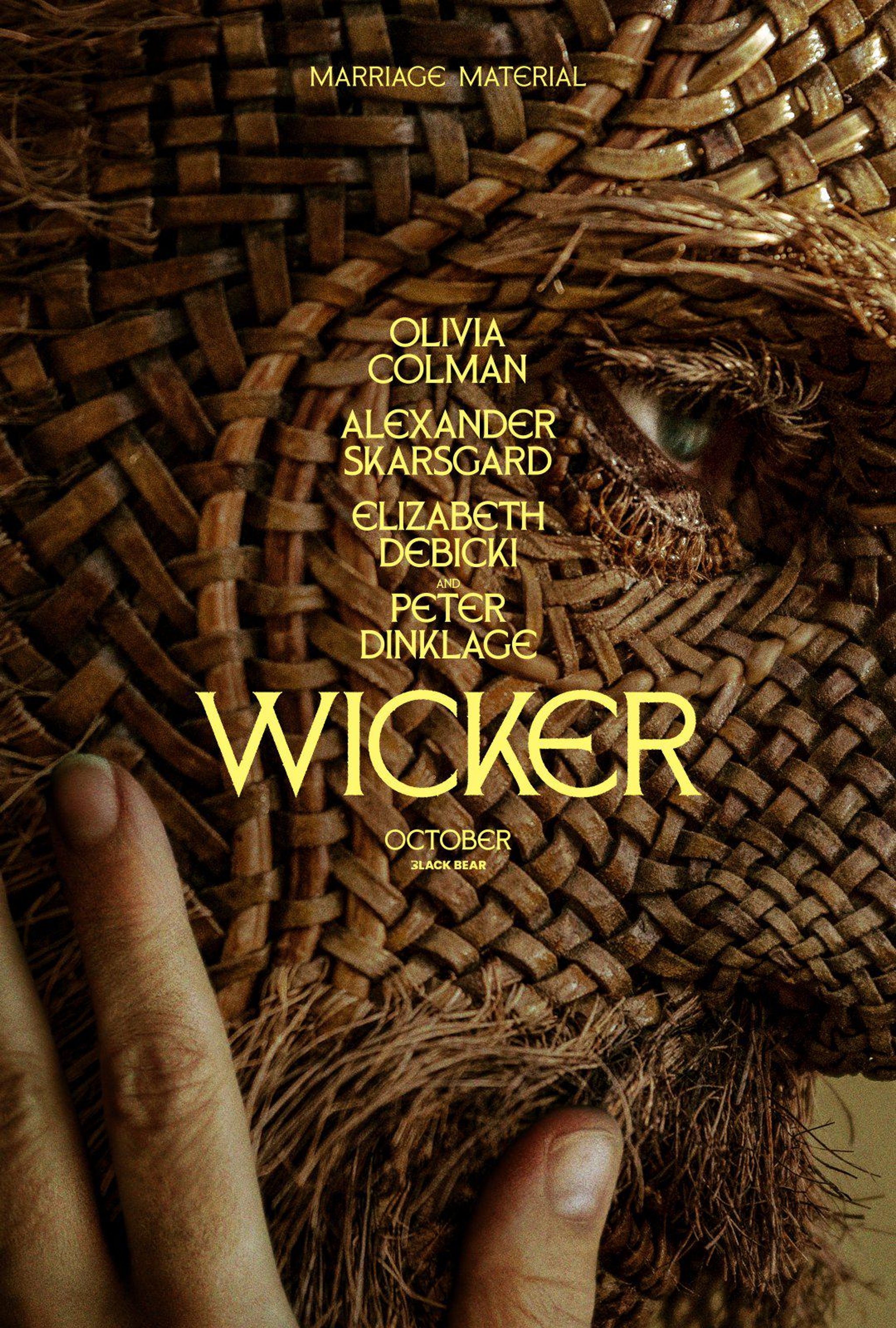 Wicker movie poster featuring a close-up of a woven wicker face with the names Olivia Colman, Alexander Skarsgård, Elizabeth Debicki and Peter Dinklage in yellow