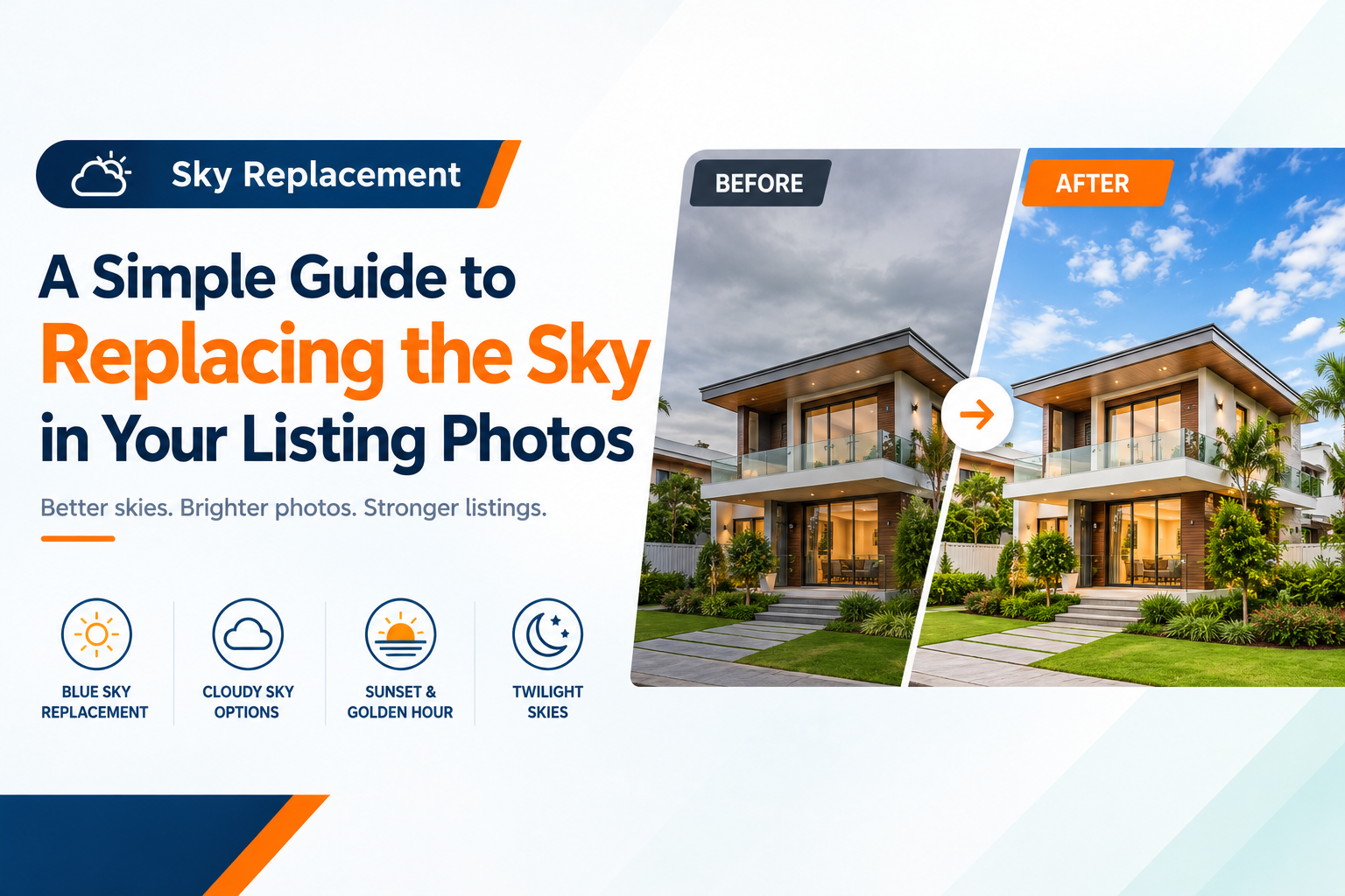 Before and after sky replacement in a real estate exterior photo