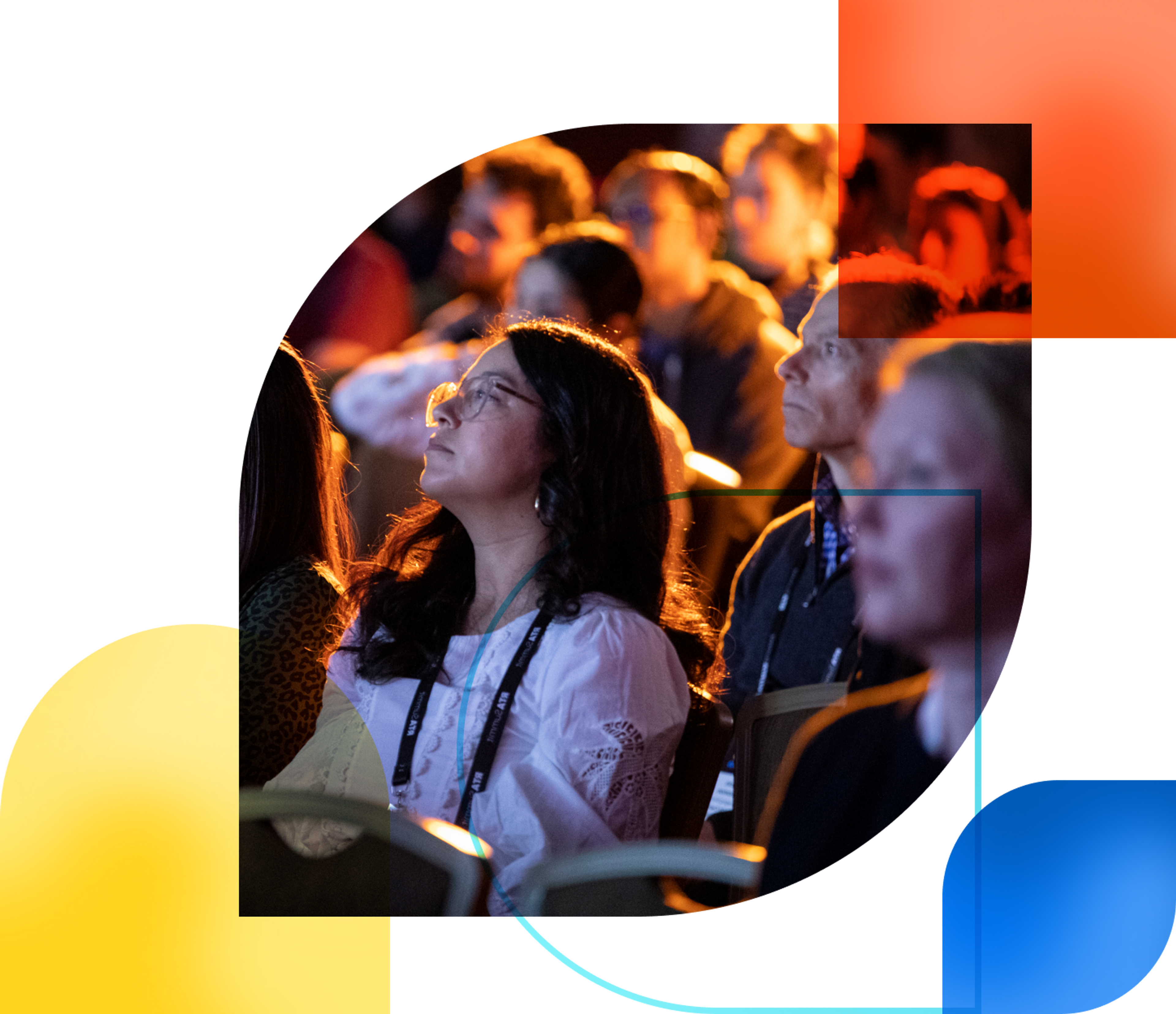 Photo of conference attendees watching a presentation, stylized with a red blue and yellow shapes