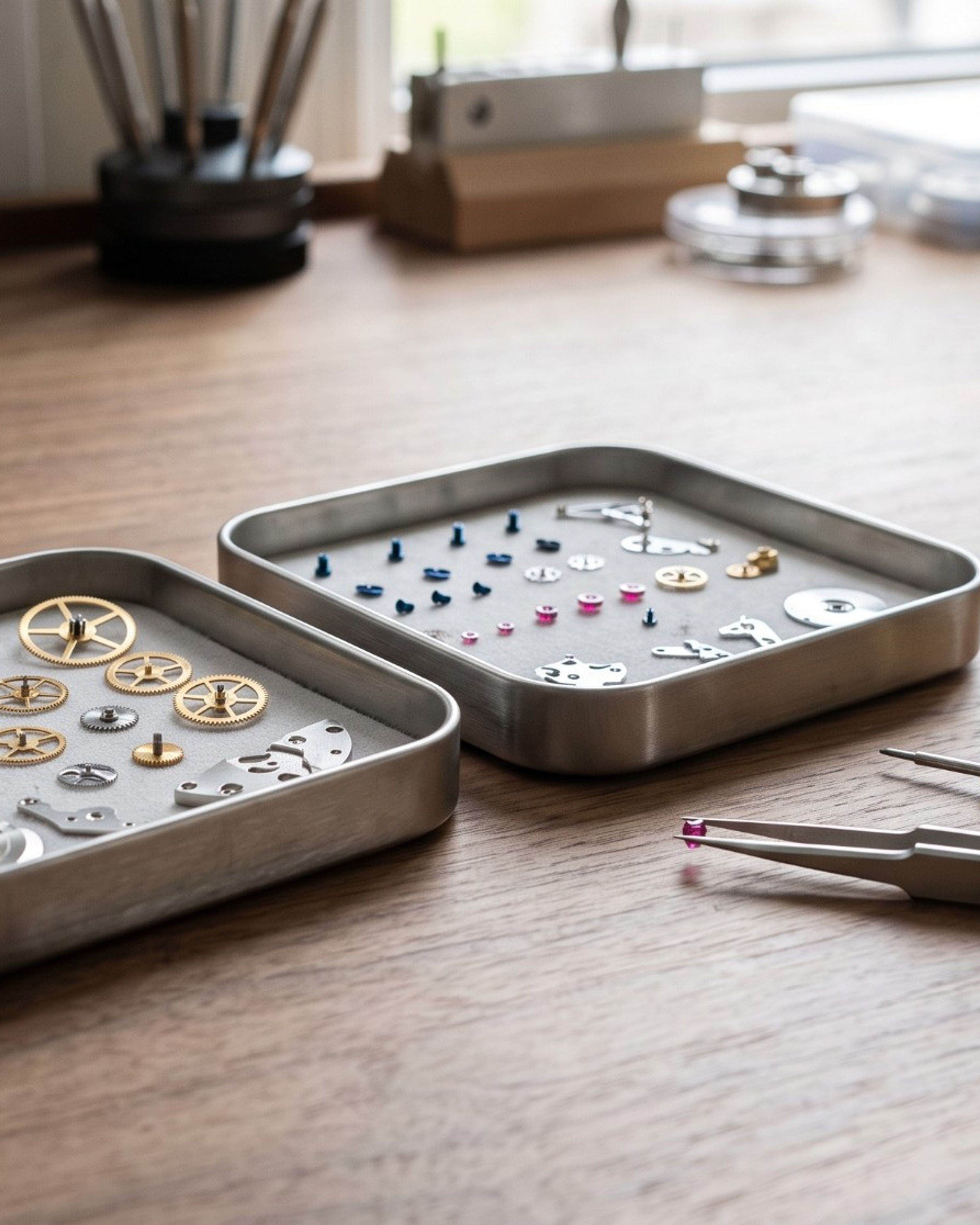 Trays of watch movement components on the MONTEVii bench