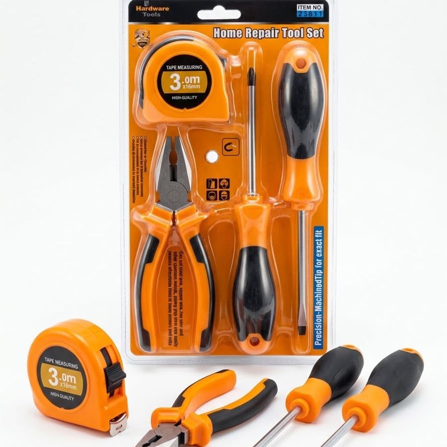 Pliers, screwdrivers, and measuring tape set