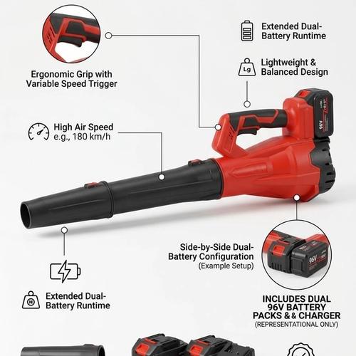 Cordless electric blower (battery-powered) – includes battery and charger.