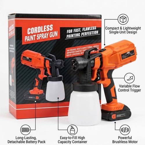 Paint spray gun powered by a battery (battery + charger included).