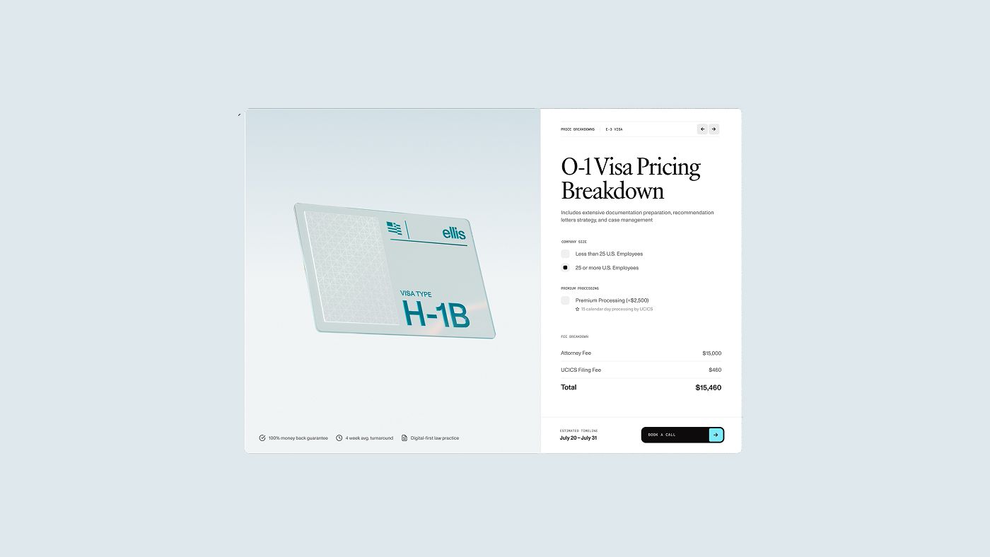 An Ellis visa card beside the O-1 visa pricing breakdown screen