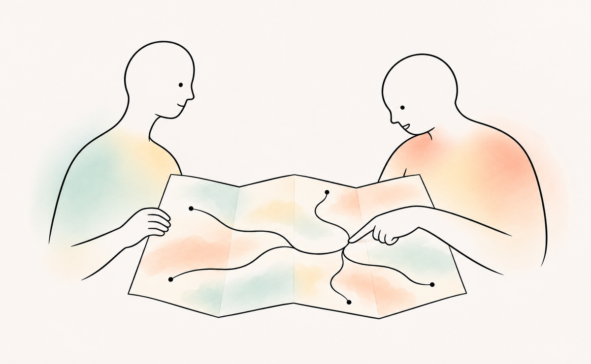 A therapist steadies an unfolded map while a client points to one of its branching routes. Distinct outline silhouettes with mint and peach washes represent collaborative, responsive therapy.